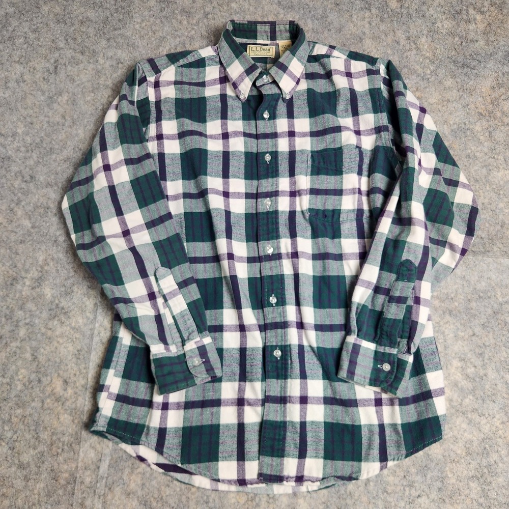 LL Bean Flannel Shirt Men M VTG 80s Green Scotch Plaid USA Made Gorpcore Hiking